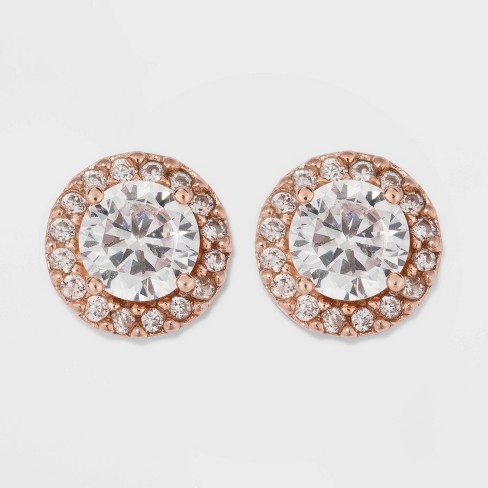 Rose Gold Over Sterling Silver Halo Cubic Zirconia Stud Fine