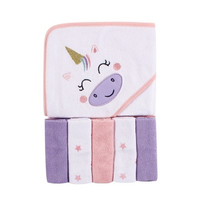 Luvable Friends Baby Girl Hooded Towel with Five Washcloths, Unicorn, One Size