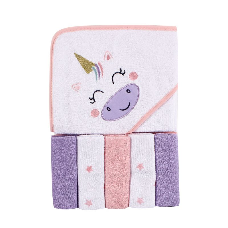 Luvable Friends Baby Girl Hooded Towel with Five Washcloths, Unicorn, One Size, 1 of 3