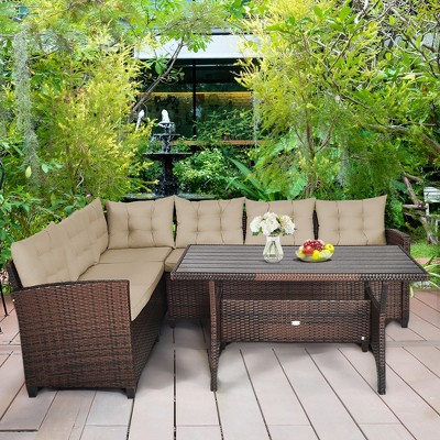 Tangkula 3PCS Rattan Dining Sofa Set w/6 Cushioned Seats Patio Furniture