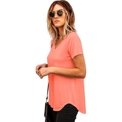 Amaryllis Women's Short-Sleeve Casual V-Neck High-Low Hem Tee Soft Lightweight Comfortable