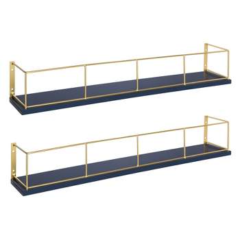 24" x 4" 2pk Benbrook Wood and Metal Floating Wall Shelf Set Blue/Gold - Kate & Laurel All Things Decor