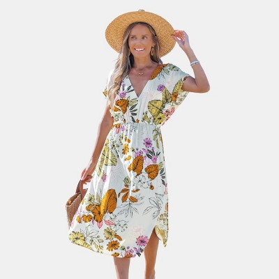 Women's Floral Print Cinched Waist V-Neck Beach Cover-Up Dress - Cupshe
