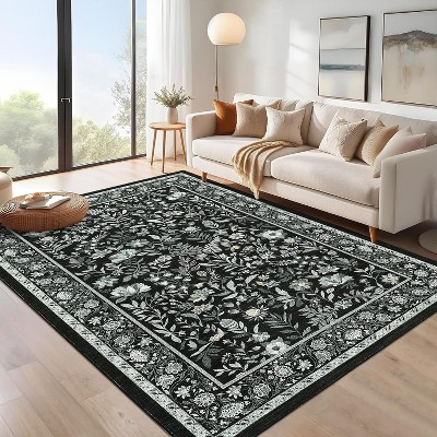 Washable Floral Runner Rug - Non-Slip Rubber Backing, Low-Pile Farmhouse Entryway Carpet, Foldable & Non-Shedding