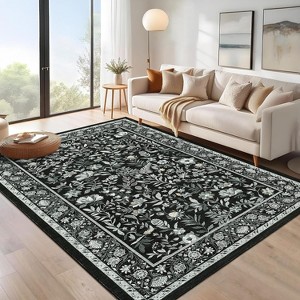 Washable Floral Runner Rug - Non-Slip Rubber Backing, Low-Pile Farmhouse Entryway Carpet, Foldable & Non-Shedding - 1 of 4