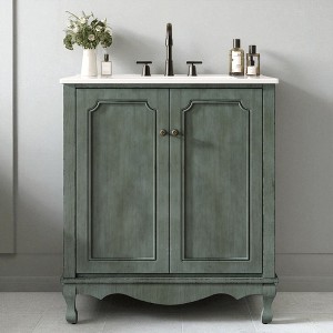 30" Antique Blue Bathroom Vanity with Rectangle Ceramic Sink – Vintage-Style Cabinet - 1 of 4