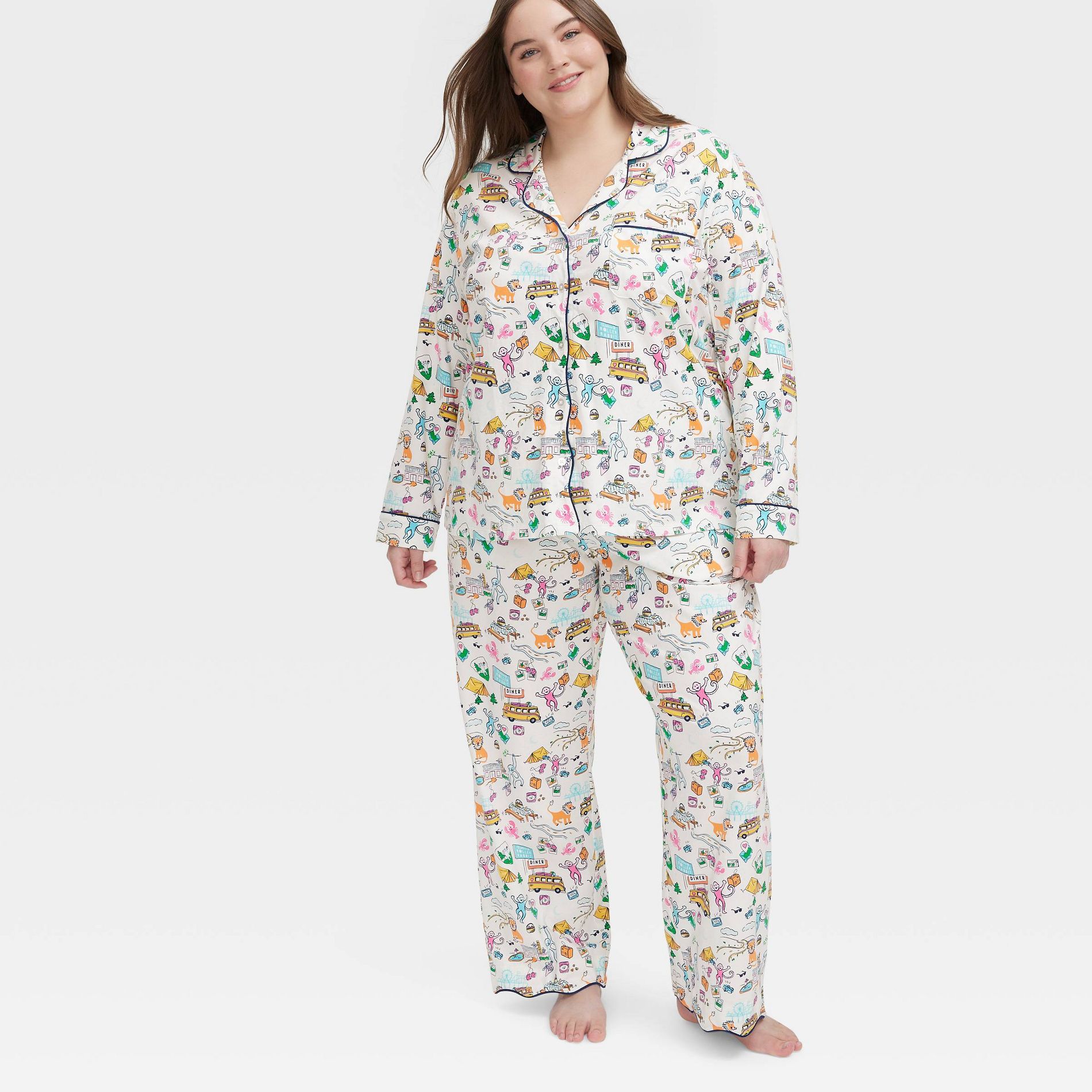 Women's Roadtrip Long Sleeves and Pants Pajama Set Blue/Yellow/Pink - Roller Rabbit x Target