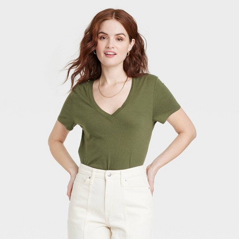 Women's Sleeve V-neck T-shirt - A New Day™ Dark Green S Target