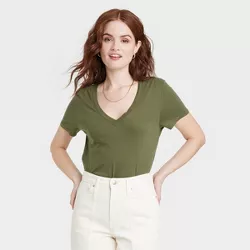 Women's Short Sleeve V-Neck T-Shirt - A New Day™ Dark Green M