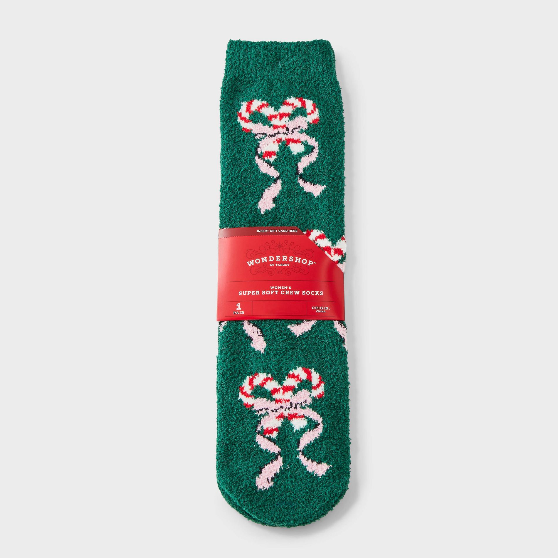 Women's Candy Cane Bows Christmas Cozy Crew Socks with Gift Card Holder - Wondershop™ Green/White/Red 4-10