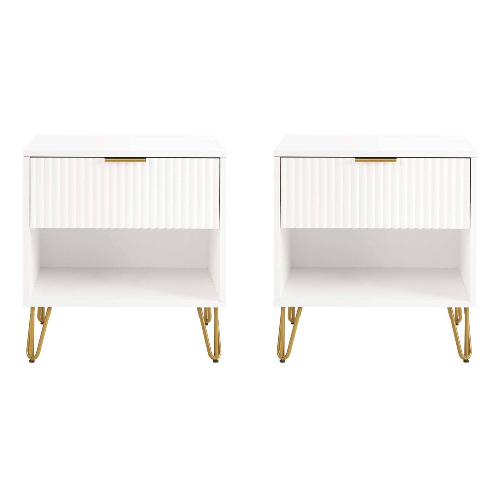 Manhattan Comfort Set of 2 Dumbo Nightstands with Drawer White: Contemporary Storage, Glossy MDF, Brass Hardware