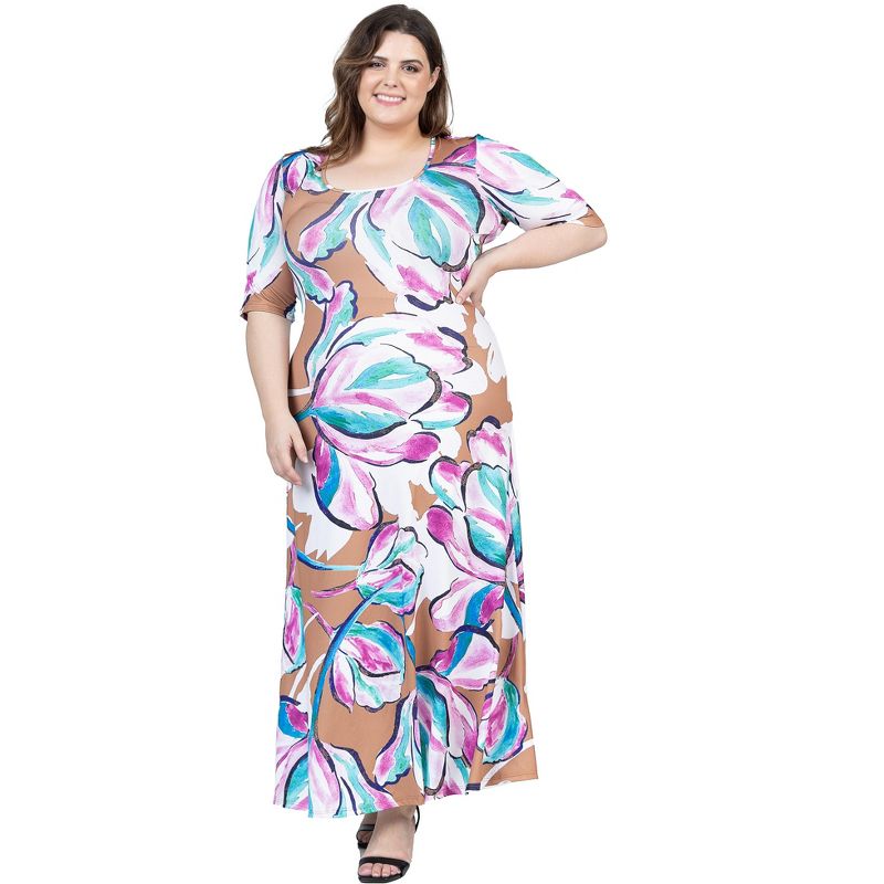 24seven Comfort Apparel Plus Size Pink Floral Elbow Sleeve Casual A Line Maxi Dress, 5 of 7