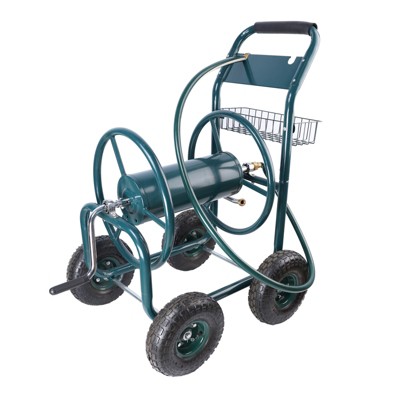 Garden hose reel cart, 4-wheel portable garden hose reel cart with storage basket, suitable for gardens, lawns, sidewalks, and backyards