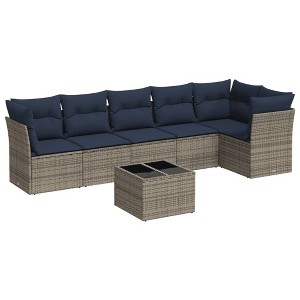 vidaXL Patio Sofa Set with Cushions 7 Piece, Sectional Sofa with Glass Table, Outdoor Conversation Set, Modern Style, Gray Poly Rattan - 1 of 4