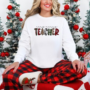 Simply Sage Market Very Merry Teacher Plaid Garment Dyed Long Sleeve - 2XL - White - 1 of 4
