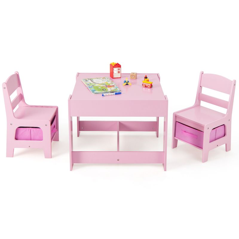 Tangkula Kids Table and Chair Set - 3 in 1 Activity Table w/Reversible Tabletop & Storage Drawers for Drawing Reading Pink, 1 of 11