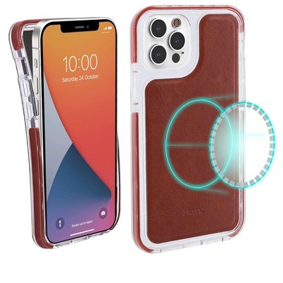 iHome Magnetic Vegan Leather Velo Case, Ultra Slim, Shock Absorbent, MagSafe Compatible for iPhone 12 Pro Max, Brown