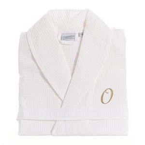 Linum Home Textiles 100% Turkish Cotton Unisex Personalized Waffle Weave White Bathrobe in Gold Script Font - 1 of 1