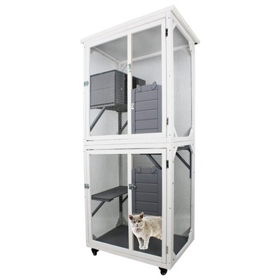 LOVMOR Wooden Catio Outdoo Cat Enclosure on Wheels, Kitty Condo Cage Shelter Playpen w/ Sliding Doors, Platforms & Weatherproof Asphalt Roof