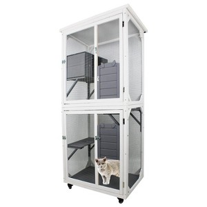 LOVMOR Wooden Catio Outdoo Cat Enclosure on Wheels, Kitty Condo Cage Shelter Playpen w/ Sliding Doors, Platforms & Weatherproof Asphalt Roof - 1 of 4