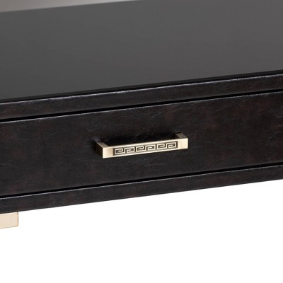 Carville Gold-Finished Metal & Dark Brown Faux Leather Console Table with Glass Top