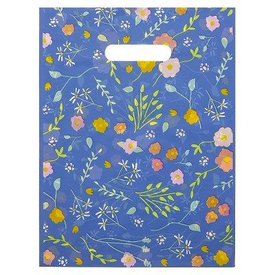 Okuna Outpost 100-Pack Floral Party Favors Goodie Gift Bags, Plastic Merchandise Bags with Handles, Blue, 9" x 12"