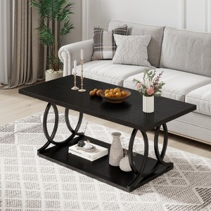 Bekrvio 2-Tier Coffee Table with Storage, 41.7" Rectangular Wood Center Table with Geometric Metal Legs for Living Room, Modern Home Office Decor - 1 of 4