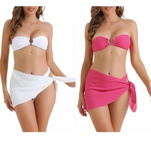 INSPIRE CHIC Women's O Ring Bandeau Ribbed Triangle Bottoms with Cover Up Bottoms Swimwear Bathing Bikini Suits 2 Sets - 1 of 4
