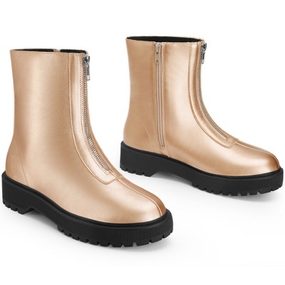 BLISSFUL STEP Platform Block Heel Booties with Zipper Dressy Combat Boots for Women