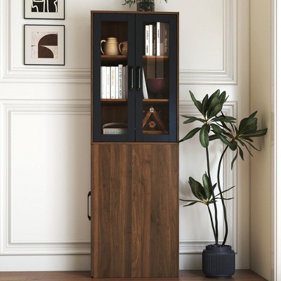Chic Crate 70.87" Tall Display Cabinet with Glass Doors & 4‑Tier Pull‑Out Shelves – Modern Wooden Storage Bookcase Cabinet
