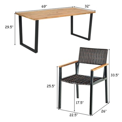 Acacia Wood and Black Metal 6-Person Outdoor Dining Set with Rattan Chairs