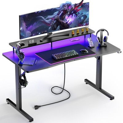 GTRACING 55 Inch Gaming Desk with LED Lights & Power Outlet, Computer Gamer Desk with Monitor Stand, Headphone Hook & Mouse Pad