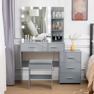 USIKEY 43.5in(L) Large Vanity Set, Vanity Desk with Mirror and 10 LED Lights, Makeup Vanity Table with Lights and 5 Drawers - 1 of 4