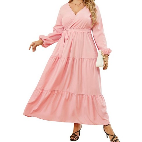 Missky Women Plus Size Maxi Long Sleeve V-neck Wrap Casual Tie Waist ...