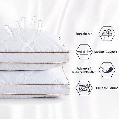 Queen White Goose Feather Down Pillow Set with Quilted Cotton Cover