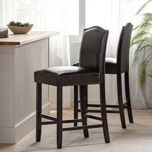 Gulches Upholstered Counter Height Barstools Set of 2, 26.25" with Nailhead Trim, Brown and Walnut Finish - 1 of 4