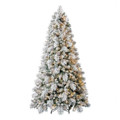 Home Heritage Snowdrifted Flocked 7.5 Foot Prelit Pine Artificial Christmas Tree with Lights, Pine Cones, and White Berries