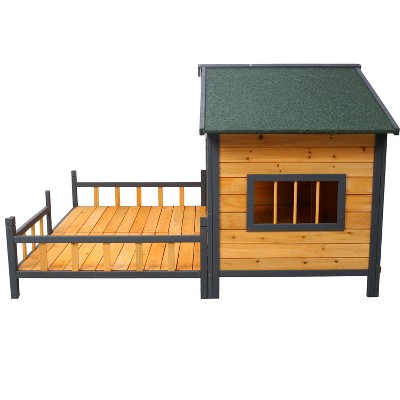 Cesicia Brown 64" W x 53.5" D x 39.5" H Wooden Outdoor Dog Kennel with Elevated Floor & Porch, Weatherproof Puppy Shelter Fits Small or Medium Dog