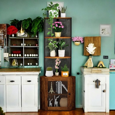 Alilang 64.80 Inch Industrial Corner Bar Cabinet with Mesh Door, Wine Glass Rack, and Open Shelving-Rustic Brown