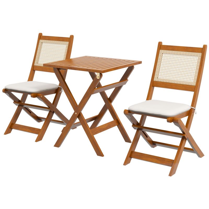 Outsunny 3 Pieces Patio Wicker Bistro Set Foldable Wooden Rattan Conversation Furniture Outdoor w/ Cushions, for Porch, Backyard, Garden, Light Teak, 4 of 7