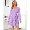Women's Dress Deep V-Neck Long Sleeve Waist Tie Ruffle Mini Swing Skater Dresses - 2 of 4