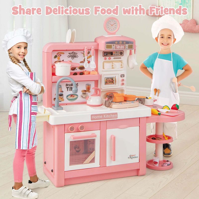 Costway Kids Pretend Kitchen Playset Role Play Kitchen Play Toy with Sink Oven Microwave Pink/Grey, 2 of 11