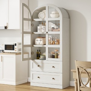 Tall Farmhouse Kitchen Pantry, Arched Wood Kitchens Storage Cabinets with 2 Large Drawers, Easy Assembly - 1 of 4