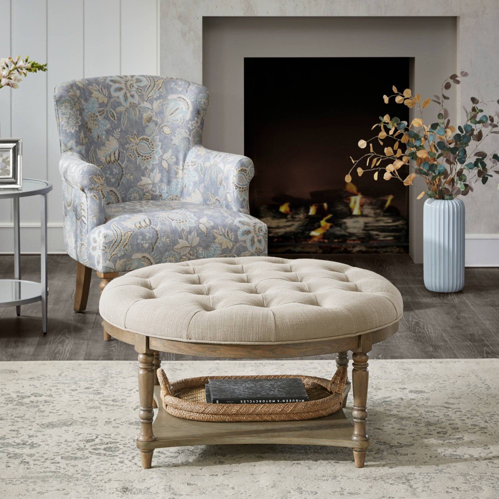 Photos - Pouffe / Bench Martha Stewart Cedric Accent Ottoman Cream - : Button Tufted, Wood Legs, Storage Shelf 