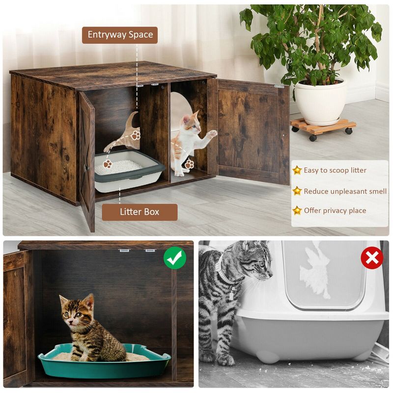 Costway Wooden Cat Litter Box Enclosure Hidden Cabinet Furniture w/ Divider Pet House, 5 of 11