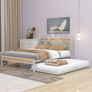 Queen Size Metal Platform Bed Frame with Twin size trundle, Upholstered headboard, Sockets, USB Ports and Slat Support, No Box Spring Needed - 1 of 4