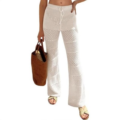 Wikineon Womens Beach Cover Up Pants Boho Crochet Knit High Waist Drawstring Sheer Hollow Swim Pant Swimwear