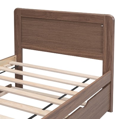 Okak Twin Modern Platform Bed Frame with Trundle & 2 Storage Drawers Sturdy Wooden Platform Bed Noiseless No Springs Required Easy to Assemble, Walnut
