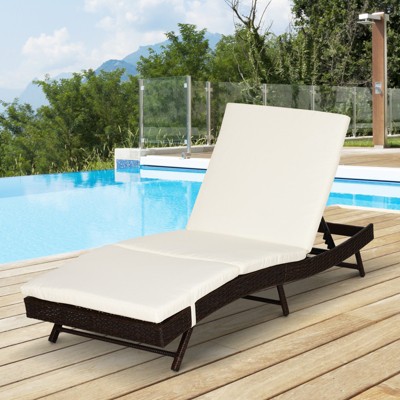 Adjustable Brown Rattan Chaise Lounge with Cream Cushions