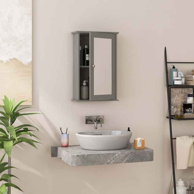 Costway Bathroom Wall Cabinet Single Mirror Door Cupboard Storage Medicine Cabinet Wood Shelf Grey\Brown, 4 of 11